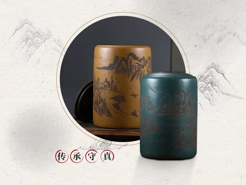 Mua chum trà tử sa cỡ đại khắc sơn thủy bảo quản trà Phổ Nhĩ.